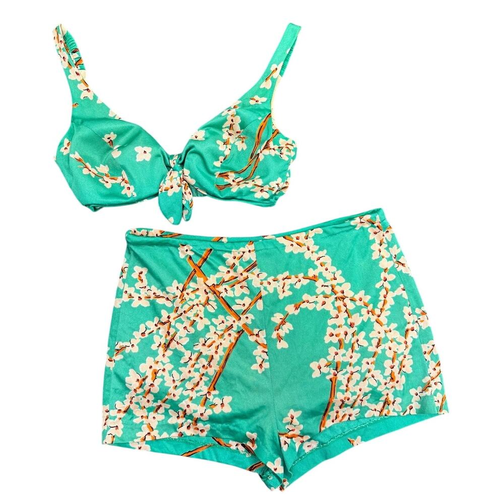 Vintage 80s Sandcastle Teal Blue Two Piece Floral Cherry Blossom Bikini